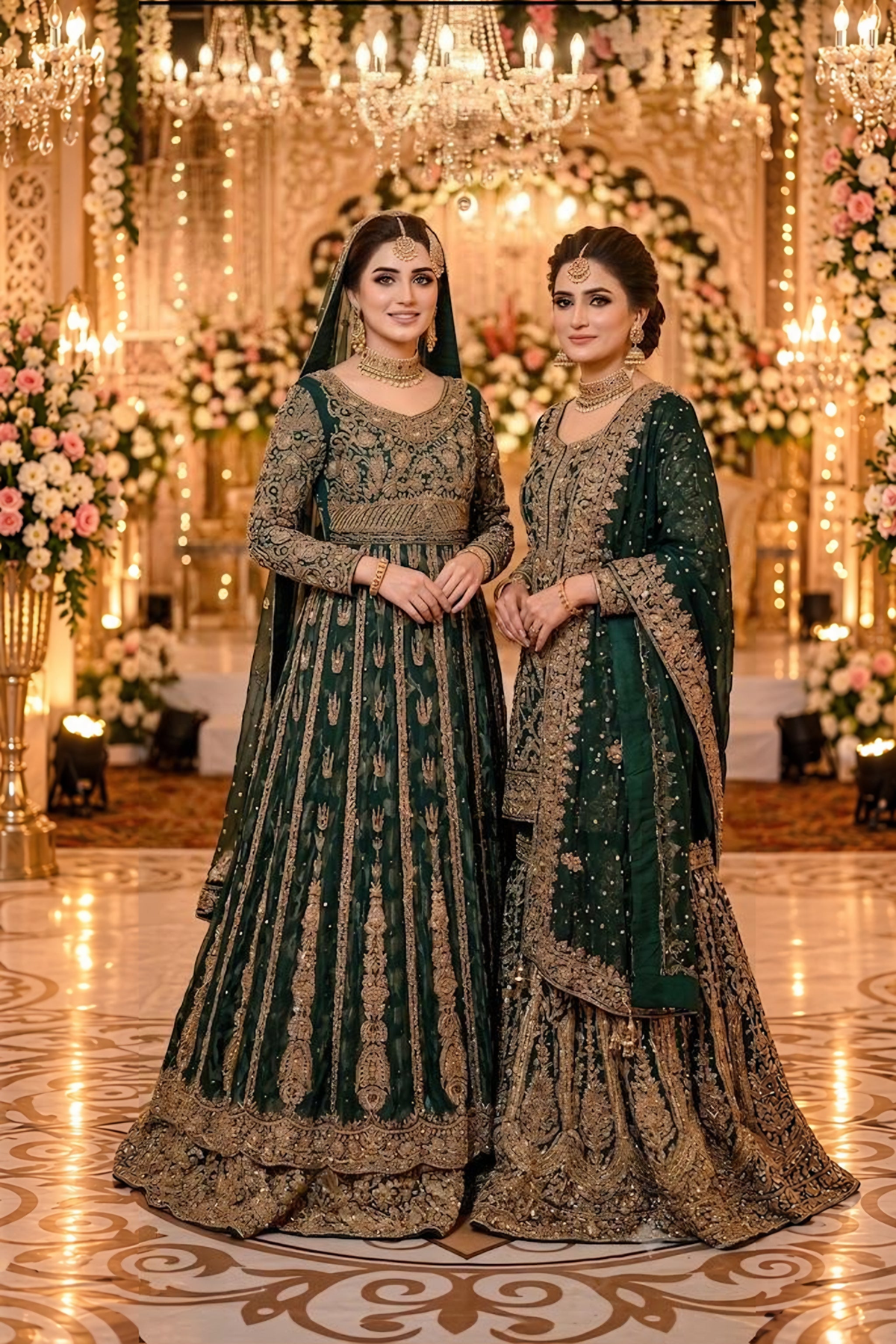 Deep green bridal ensemble with gold work · Two models, front view