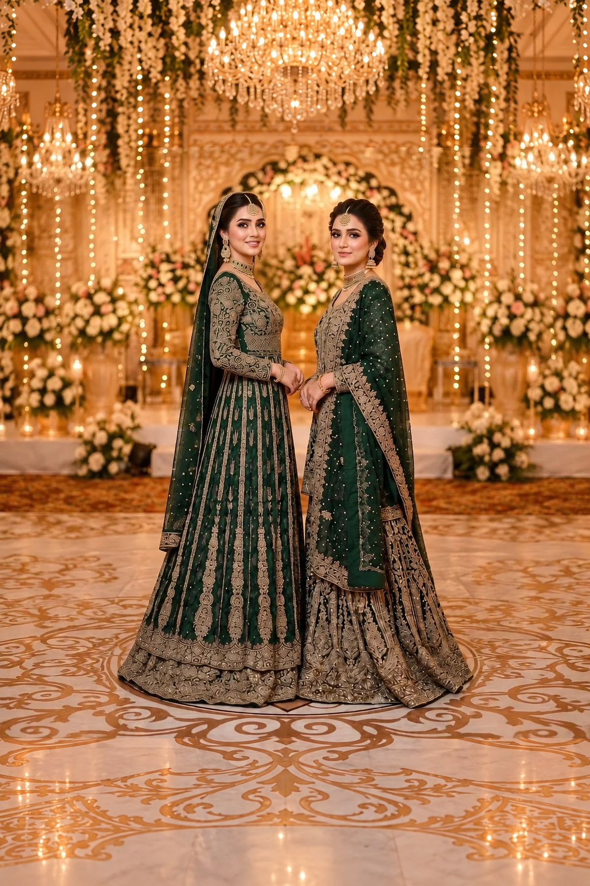 Deep green bridal ensemble with gold work · Standing front and side view