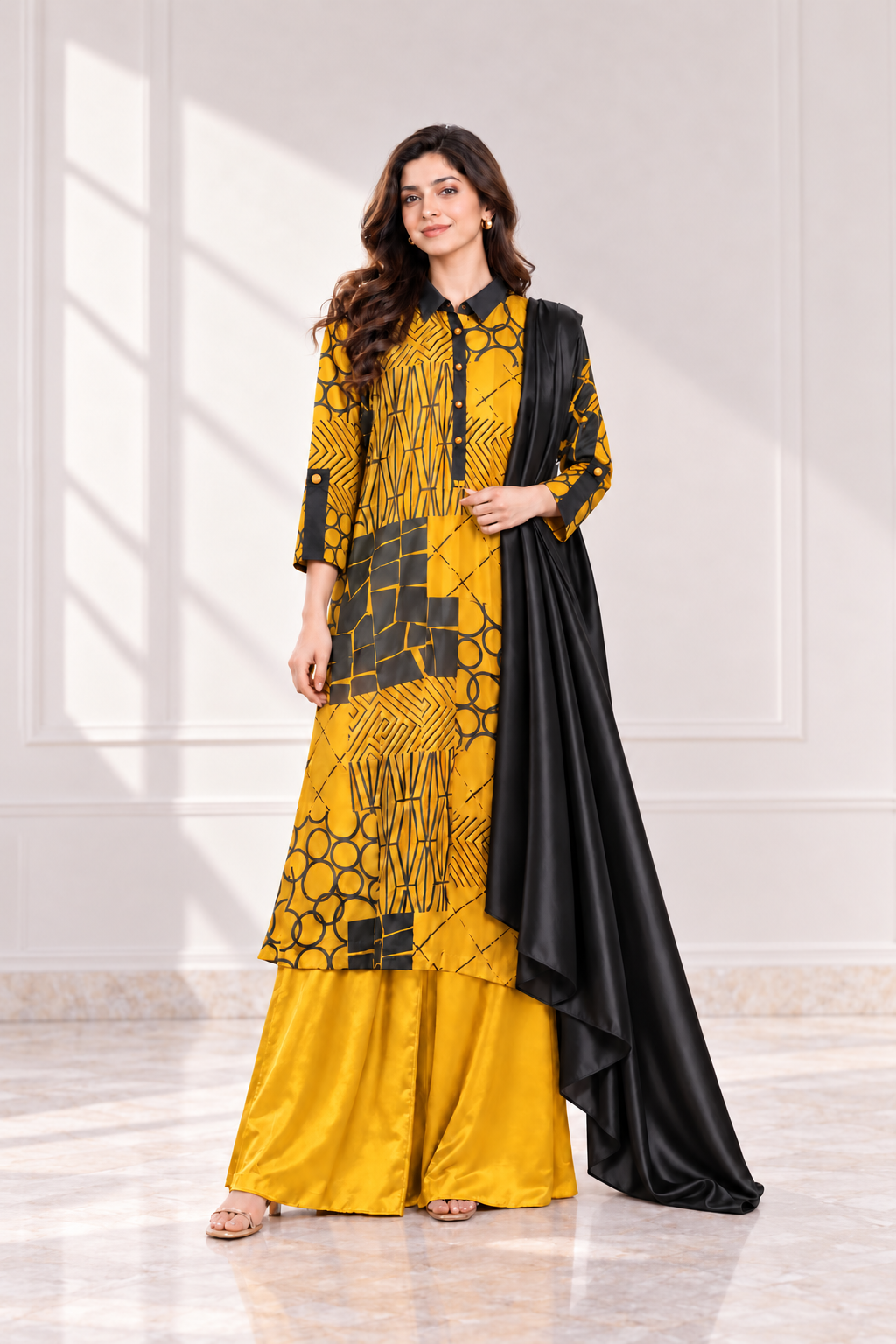 Mustard and black geometric pure silk three-piece suit, full front view