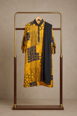 Mustard and black geometric silk shirt and black dupatta displayed on a hanger