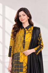 Mustard and black printed silk shirt with contrasting collar and sleeve tabs