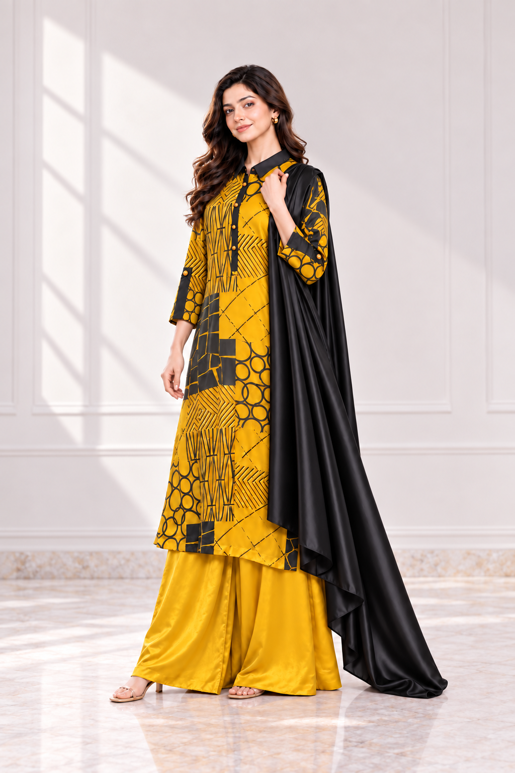 Mustard geometric silk shirt, wide-leg trousers and black dupatta, three-quarter view