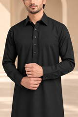 2 Piece Blended Suit · Black · Black shalwar kameez pointed collar, button placket and cuff detail