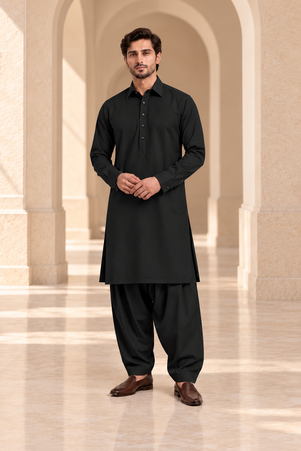 2 Piece Blended Suit · Black · Men's black blended shalwar kameez, full-length front view