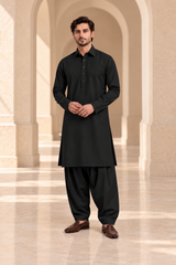 2 Piece Blended Suit · Black · Men's black blended shalwar kameez, full-length front view