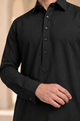 2 Piece Blended Suit · Black · Black shalwar kameez button placket, stitching and cuff close-up