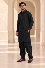 2 Piece Blended Suit · Black · Men's black blended shalwar kameez, full-length three-quarter view
