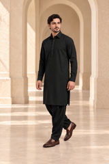 2 Piece Blended Suit · Black · Men's black blended shalwar kameez, full-length walking view