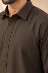 2 Piece Blended Suit · Brown · Brown kameez pointed collar and concealed placket with tonal stitching