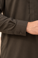 2 Piece Blended Suit · Brown · Brown blended kameez buttoned cuff and sleeve stitching close-up