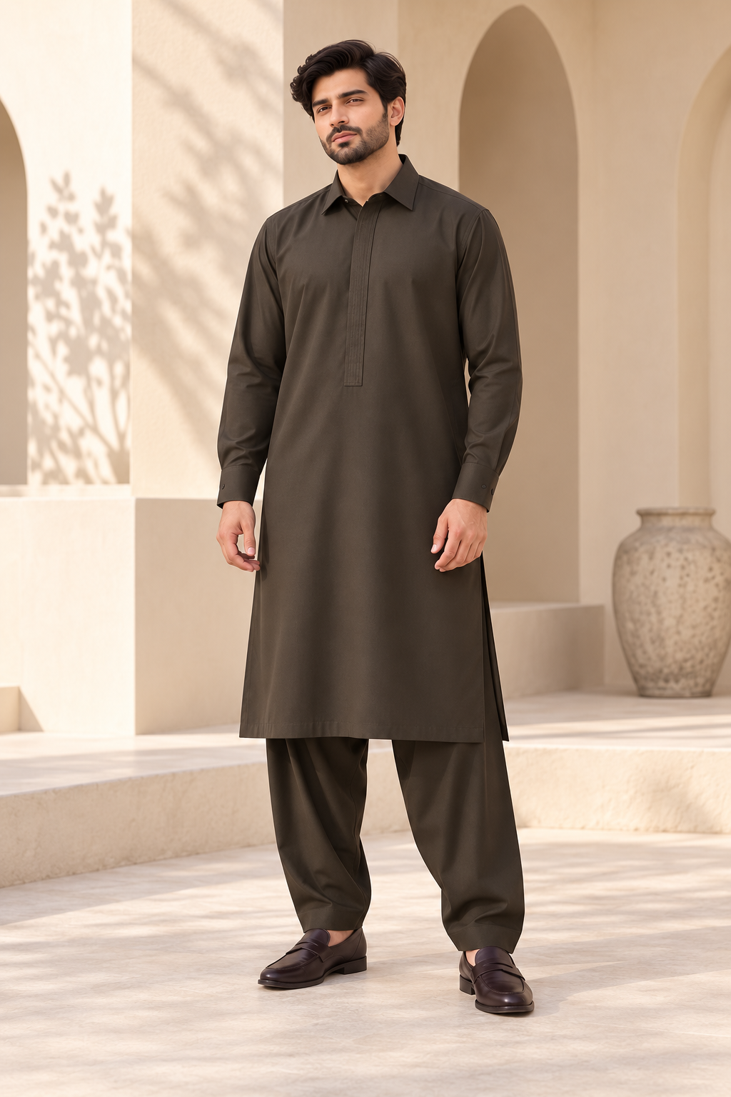 2 Piece Blended Suit · Brown · Men's brown blended shalwar kameez, full-length front view