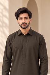 2 Piece Blended Suit · Brown · Brown shalwar kameez upper-body view with tonal stitched collar and concealed placket