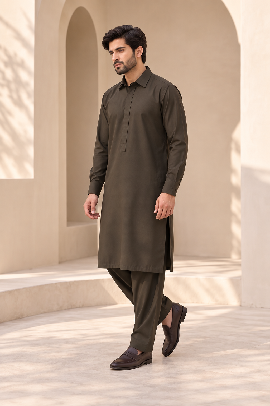 2 Piece Blended Suit · Brown · Men's brown blended shalwar kameez, three-quarter walking view