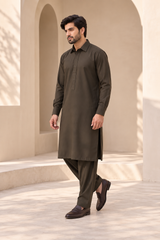 2 Piece Blended Suit · Brown · Men's brown blended shalwar kameez, three-quarter walking view
