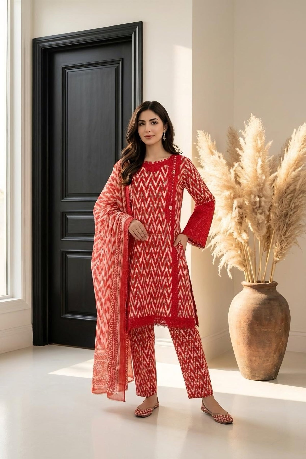 Red Printed Lawn Suit · Red · view 1