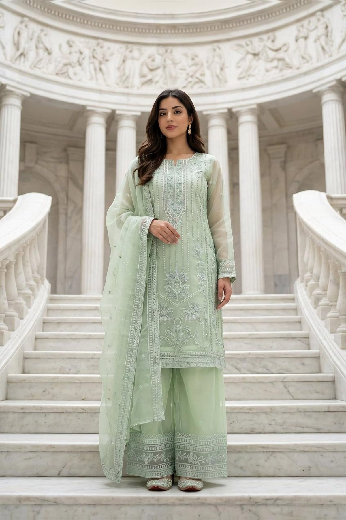 Embroidered Flared-Trouser Suit · Mint · view 1