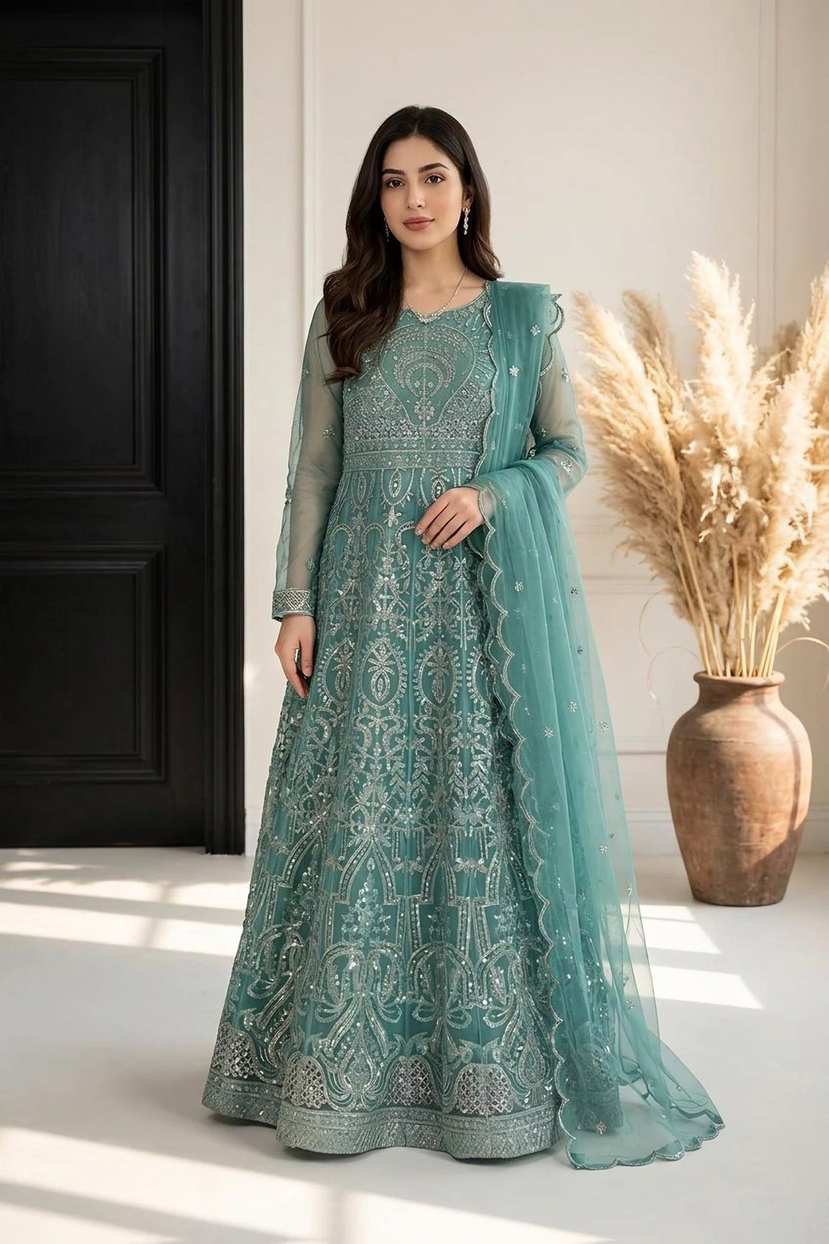 Teal Embroidered Flared Dress · Teal · view 1