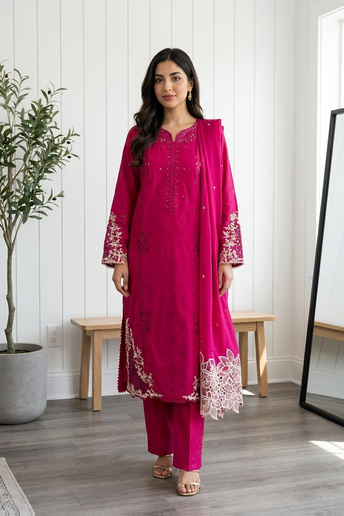 Embroidered Scallop-Detail Suit · Fuchsia · view 1