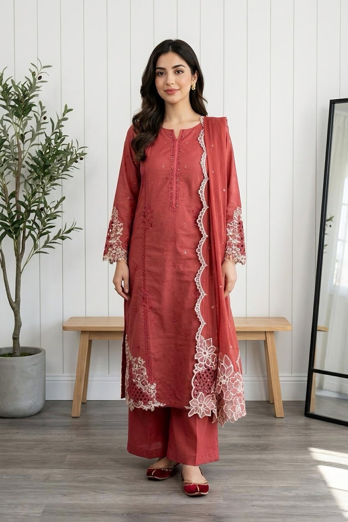 Embroidered Scallop-Detail Suit · Coral · view 1