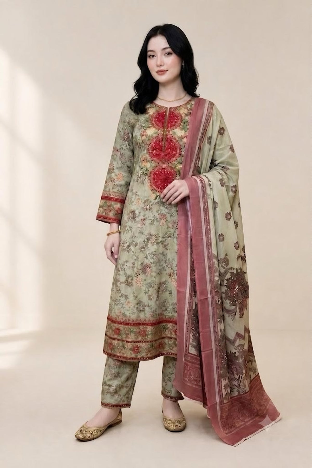 Olive Printed Suit with Pink Dupatta · Olive · view 1