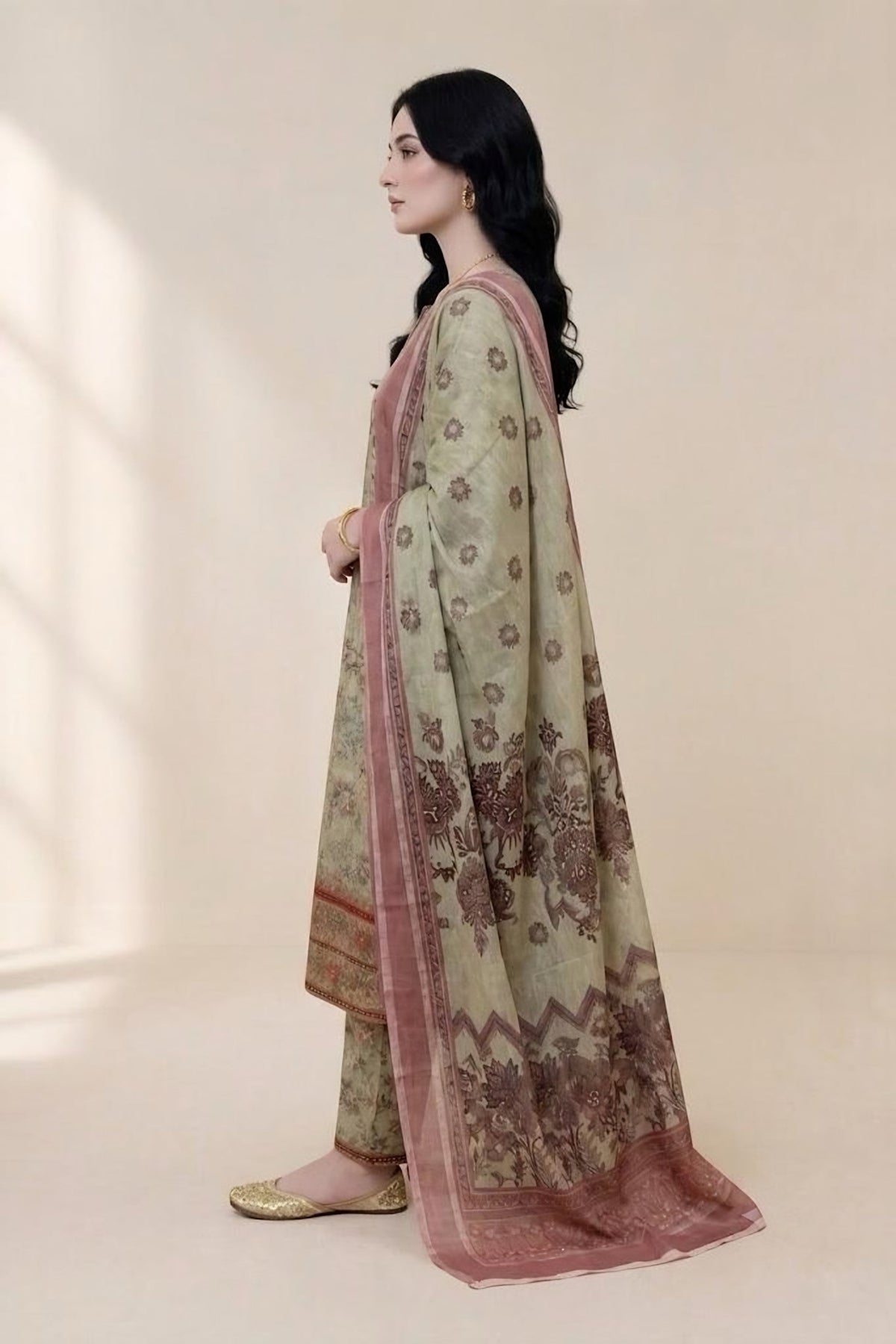Olive Printed Suit with Pink Dupatta · Olive · view 2