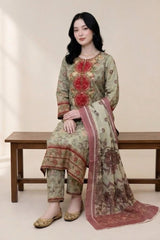 Olive Printed Suit with Pink Dupatta · Olive · view 3