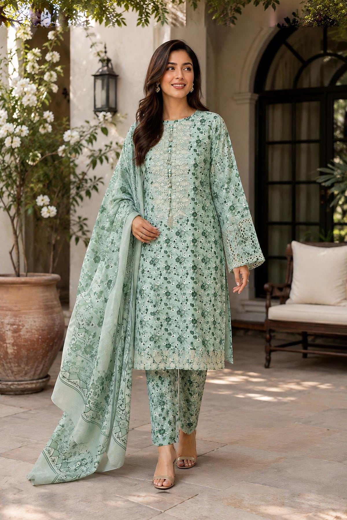 Sage Green Printed Lawn Suit · Sage green · view 1