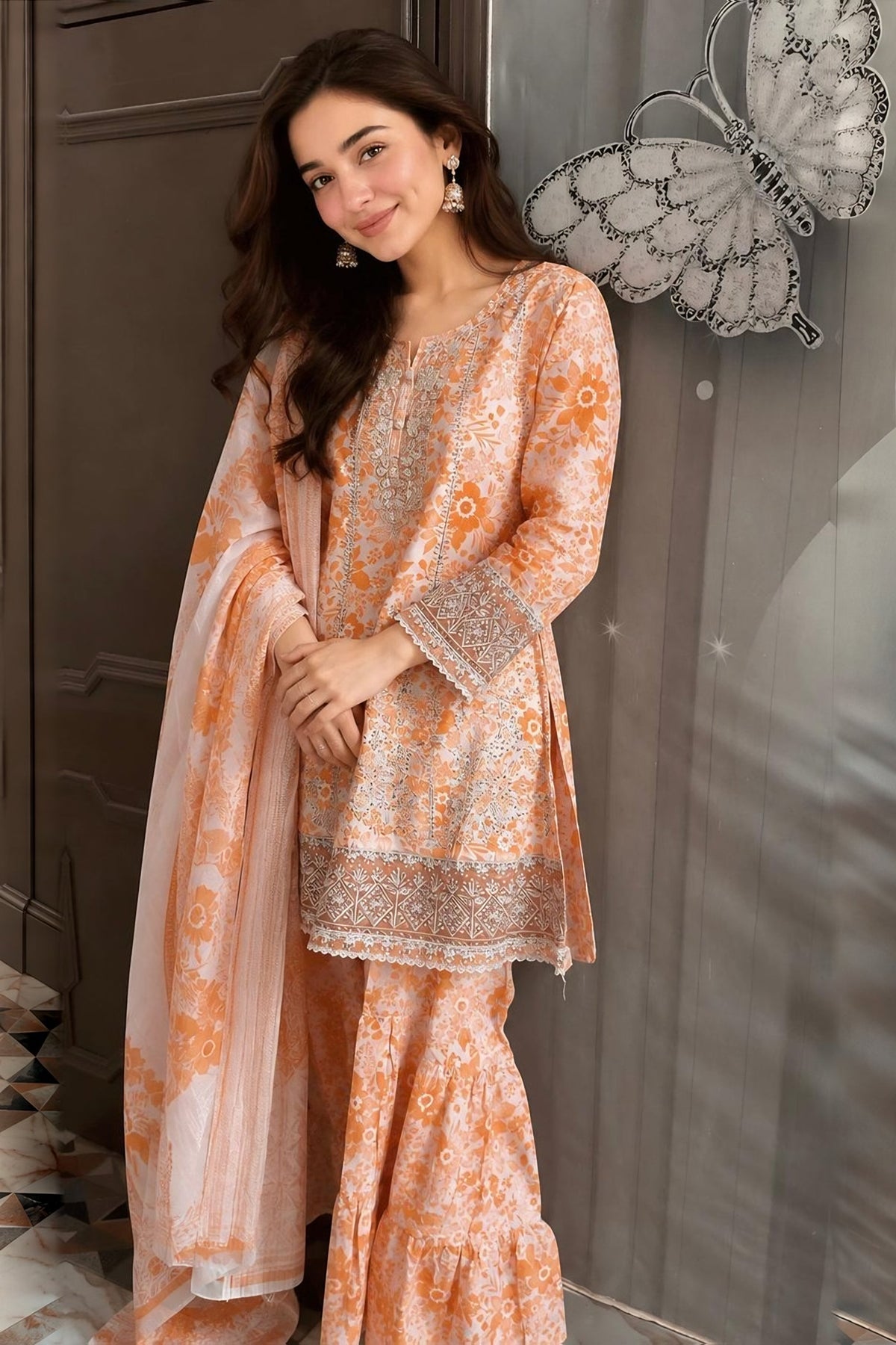Orange Printed Three-Piece Suit · Orange · view 2