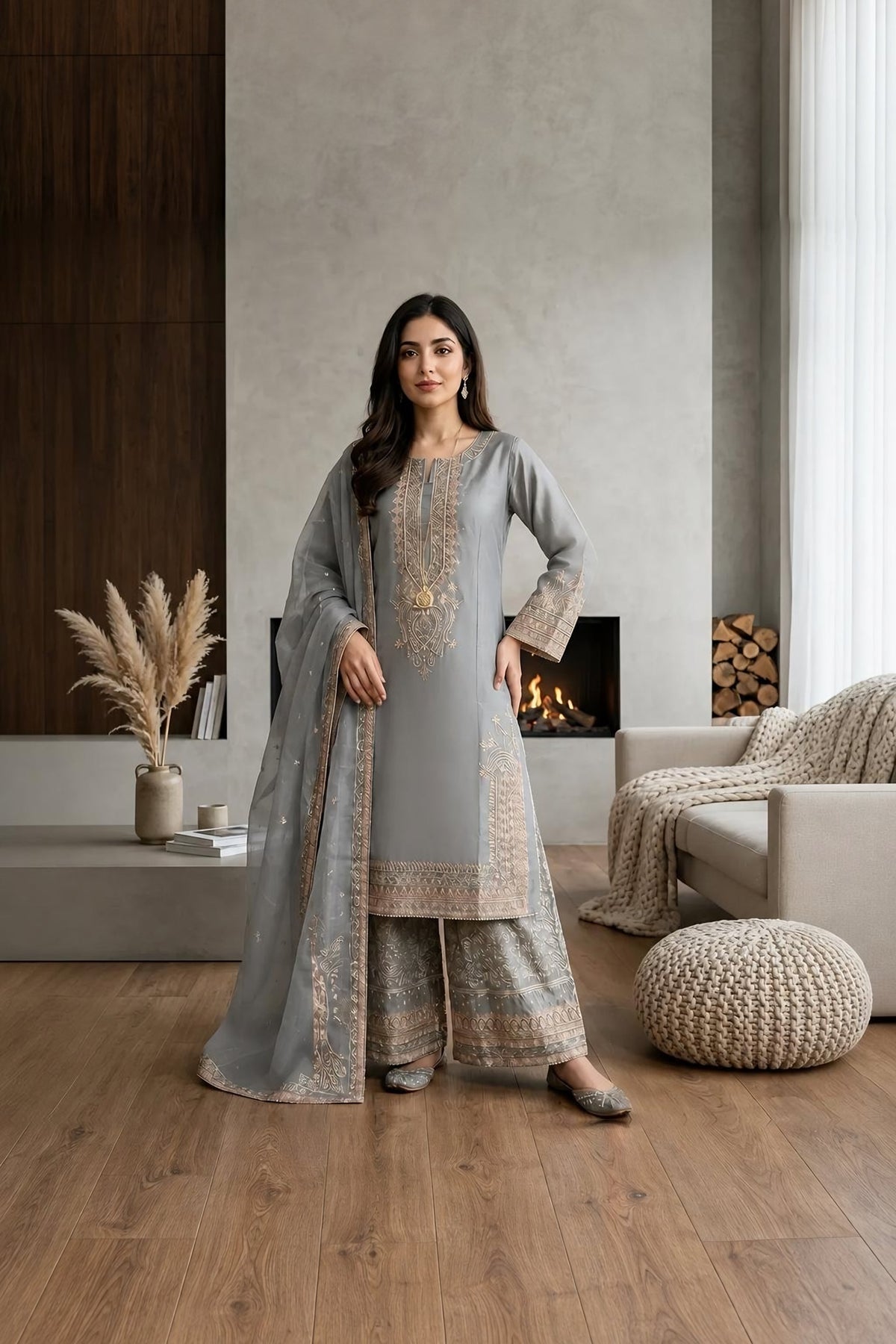 Embroidered Doria Three-Piece Suit · Silver grey · view 1