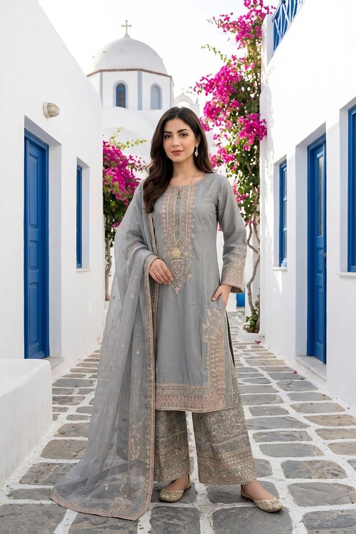 Embroidered Doria Three-Piece Suit · Silver grey · view 2