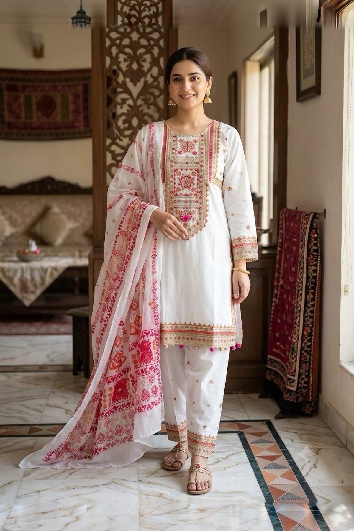 Embroidered Lawn Three-Piece Suit · White and red · view 1