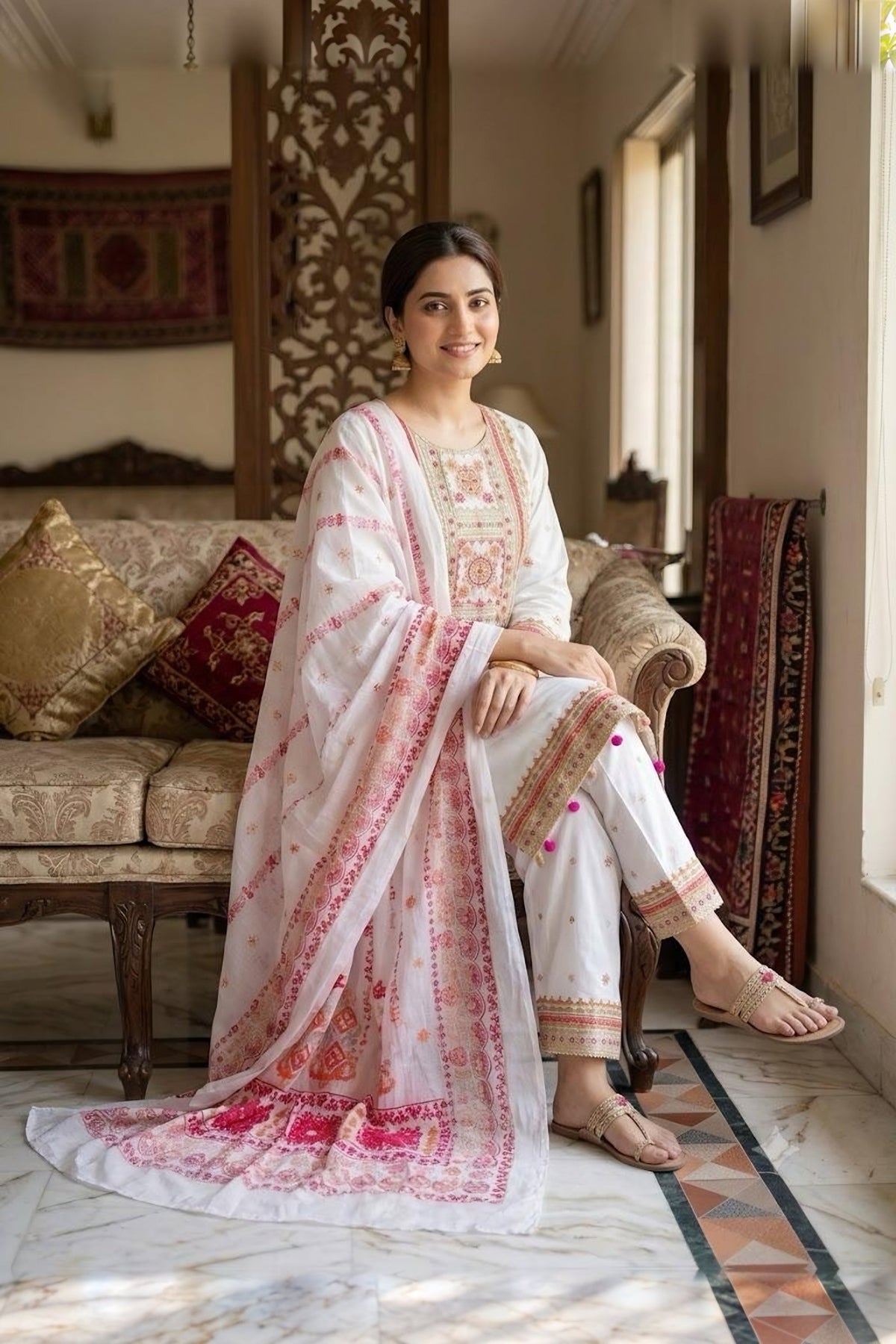 Embroidered Lawn Three-Piece Suit · White and red · view 2