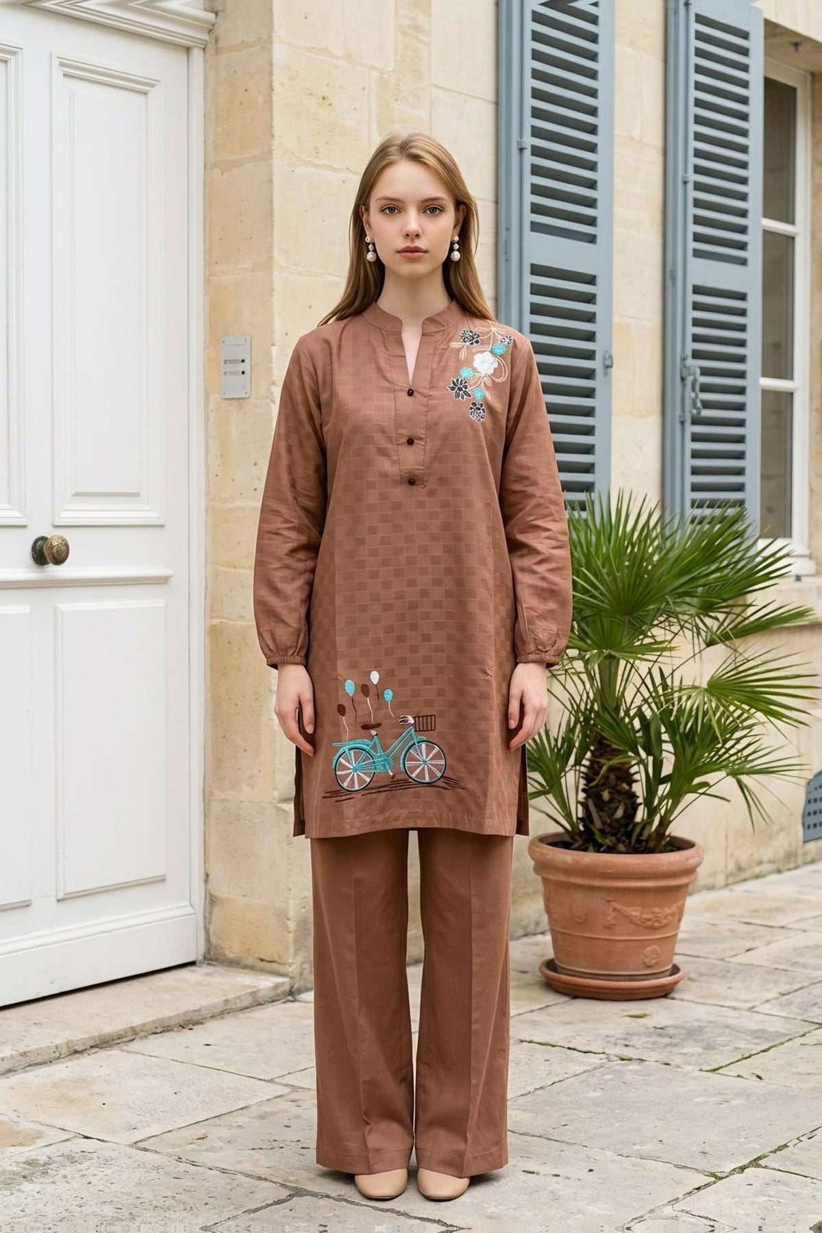 Floral-Work Kurti · Clay · view 1