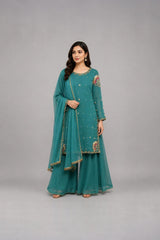 Occasion Suit with Sequinned Dupatta · Teal · view 1
