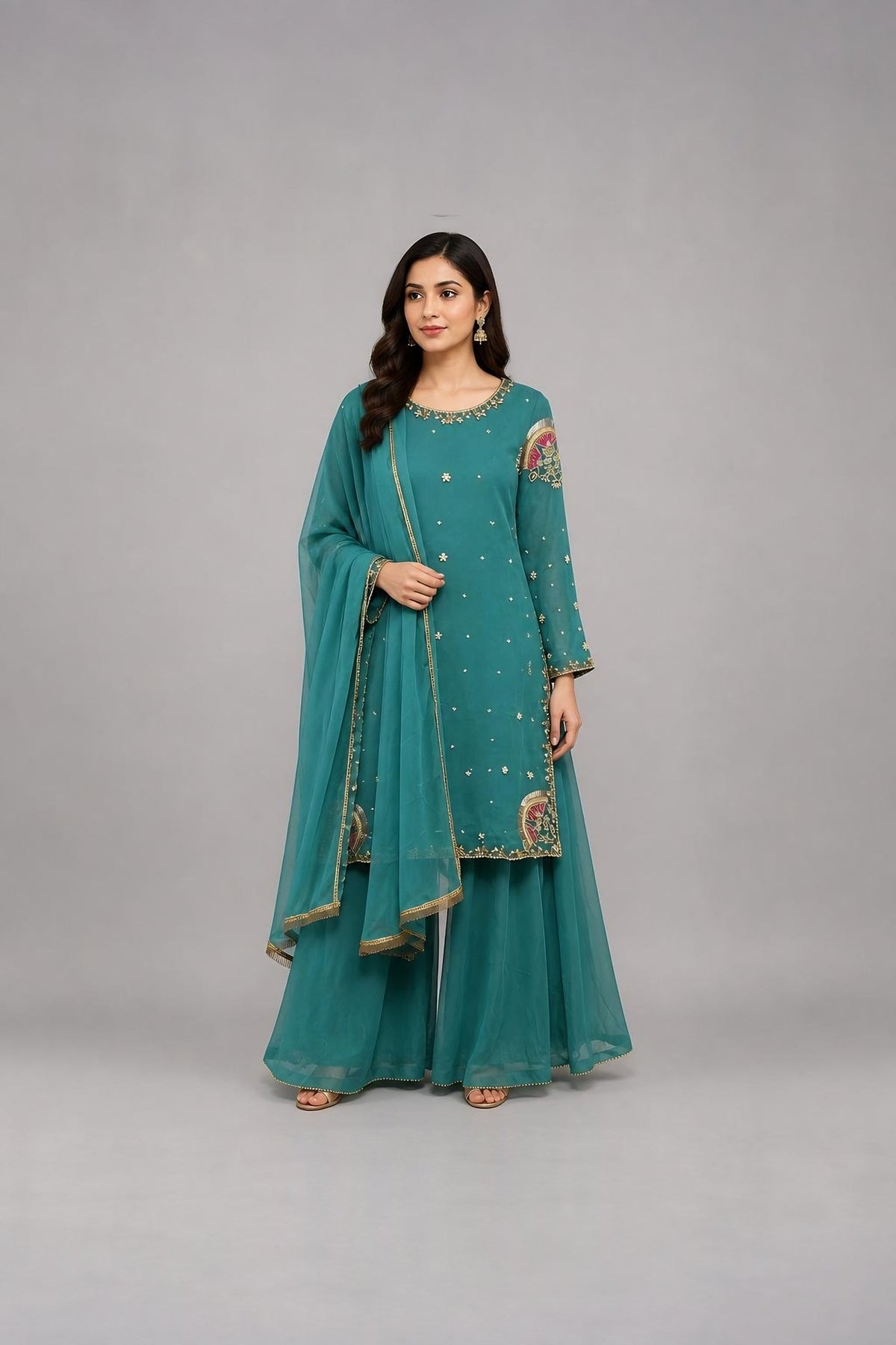 Occasion Suit with Sequinned Dupatta · Teal · view 1