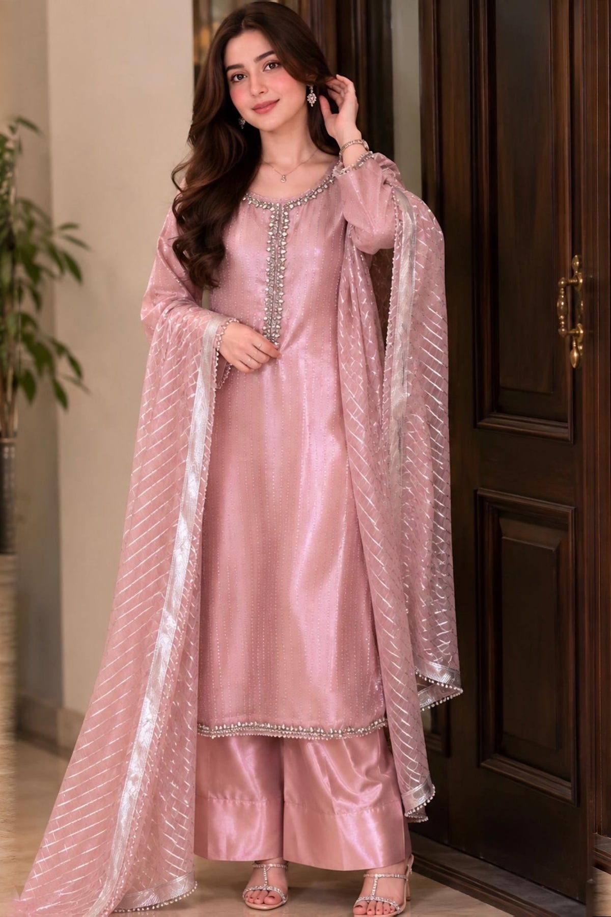 Silk Suit with Embroidered Dupatta · Pink · view 1