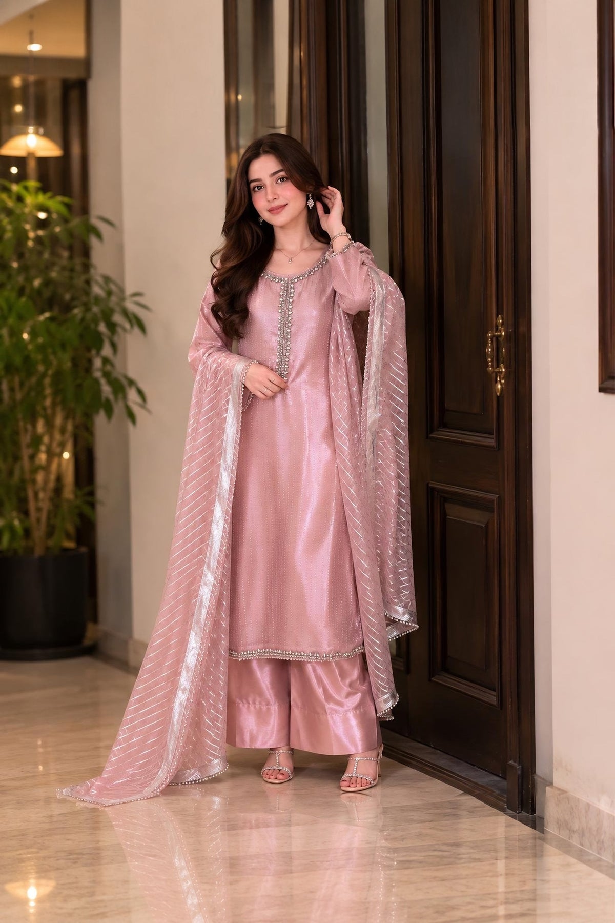 Silk Suit with Embroidered Dupatta · Pink · view 2