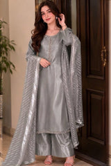 Silk Suit with Embroidered Dupatta · Silver · view 1