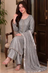 Silk Suit with Embroidered Dupatta · Silver · view 4