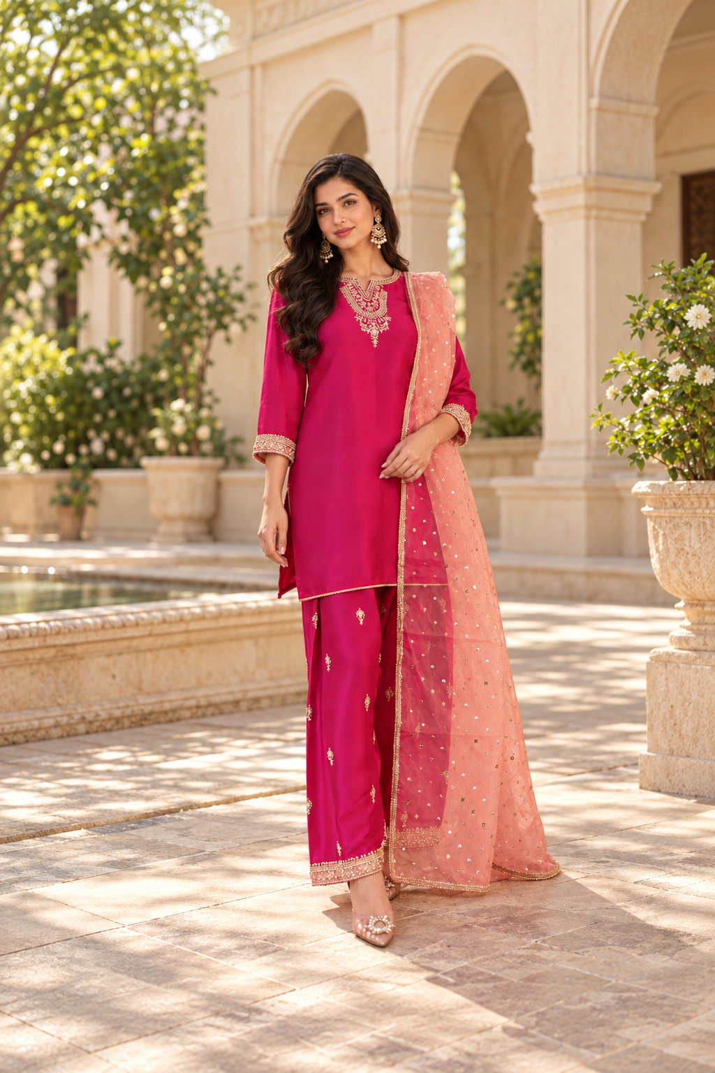 Elegant Hot Pink Silk Three-Piece Suit · Hot Pink · front view