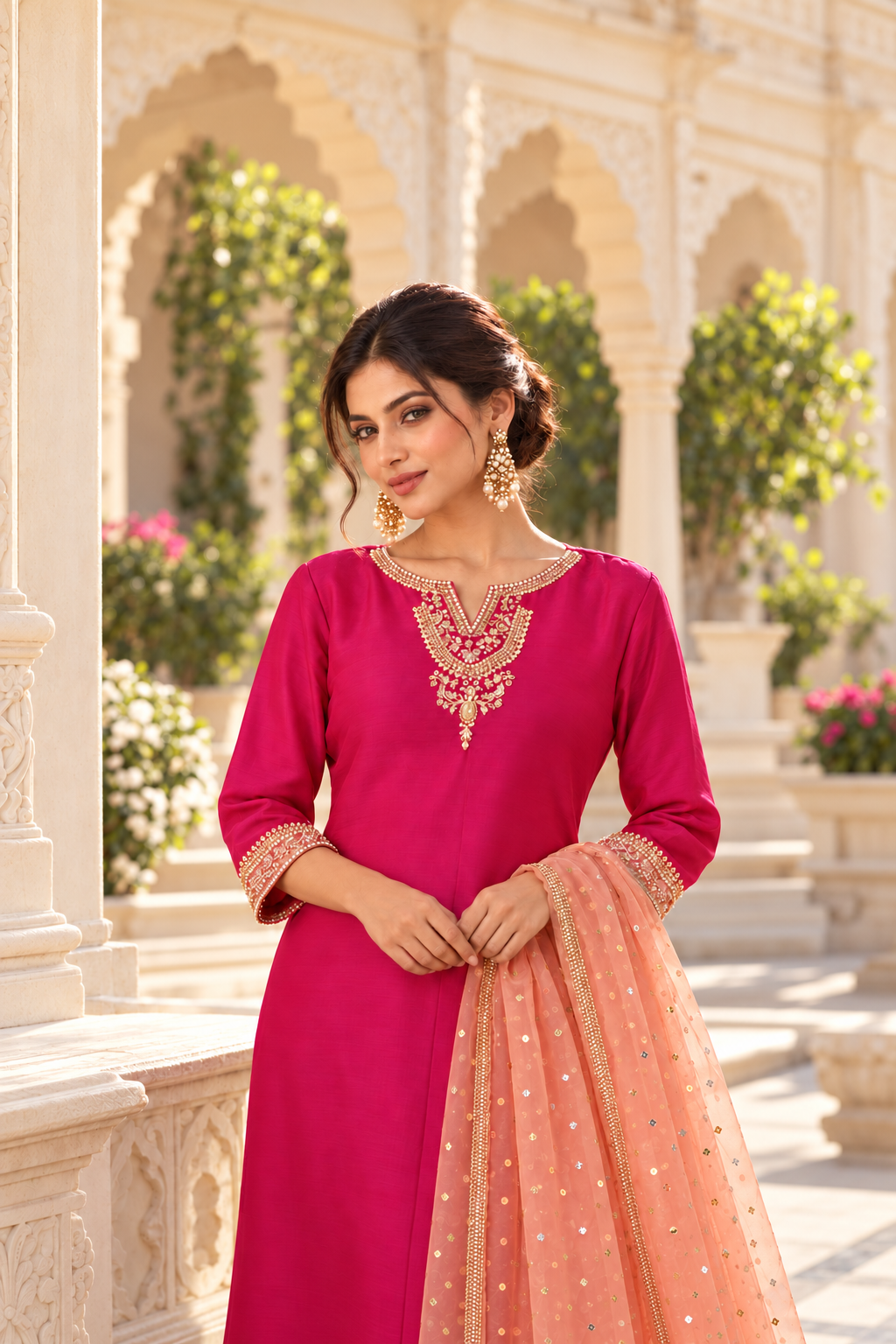 Elegant Hot Pink Silk Three-Piece Suit · Hot Pink · embroidery detail