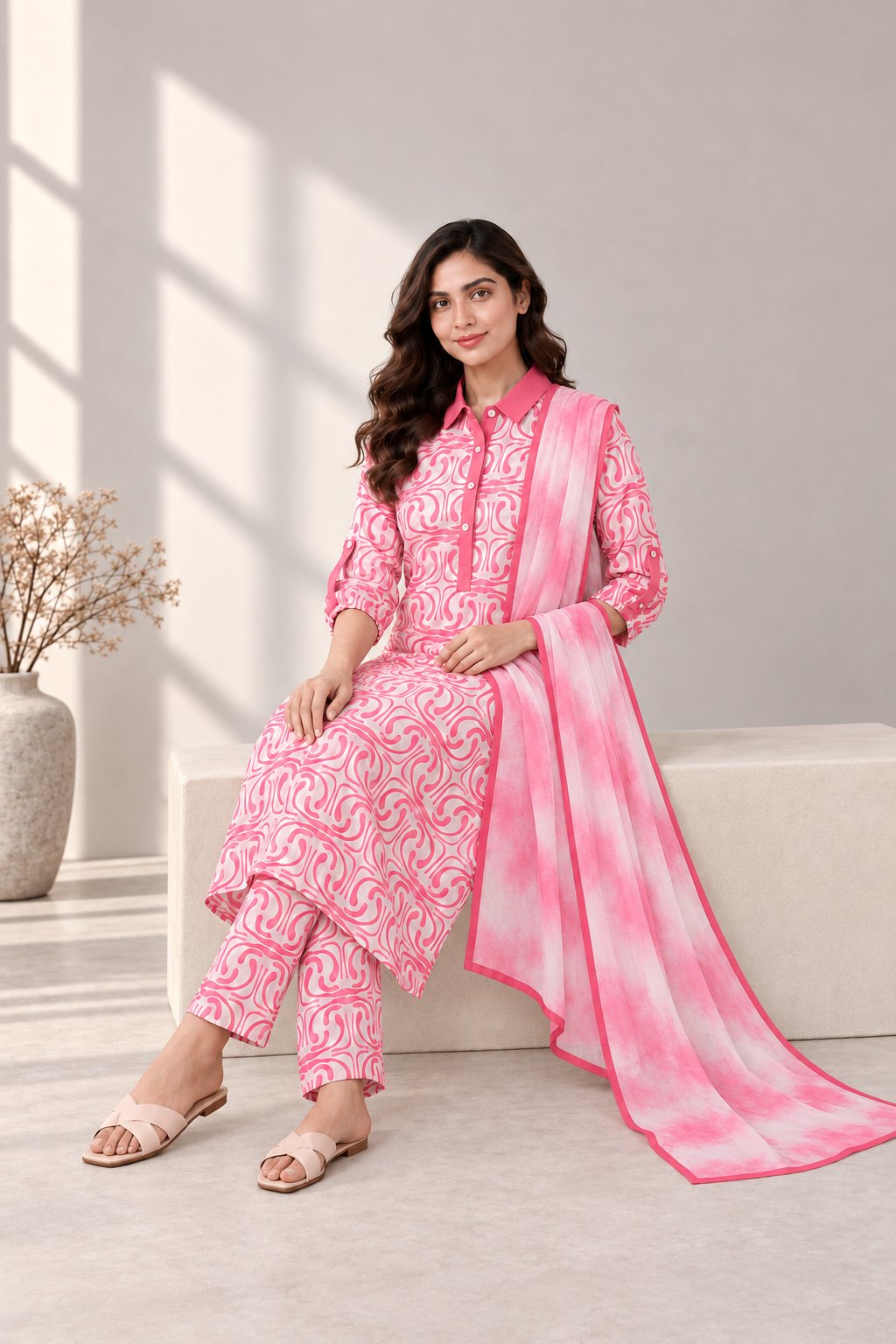 Pink Abstract-Print Silk Suit · Pink · view 2