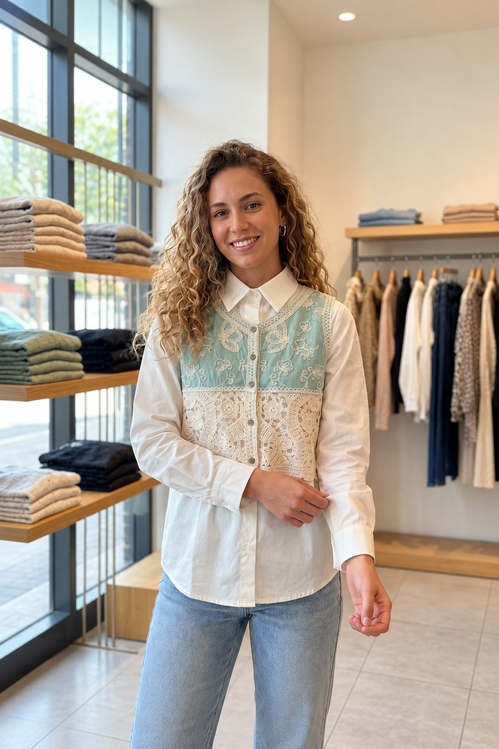 White & Mint Embroidered Lawn Shirt · White & Mint · front view