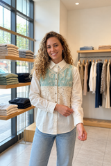 White & Mint Embroidered Lawn Shirt · White & Mint · front view