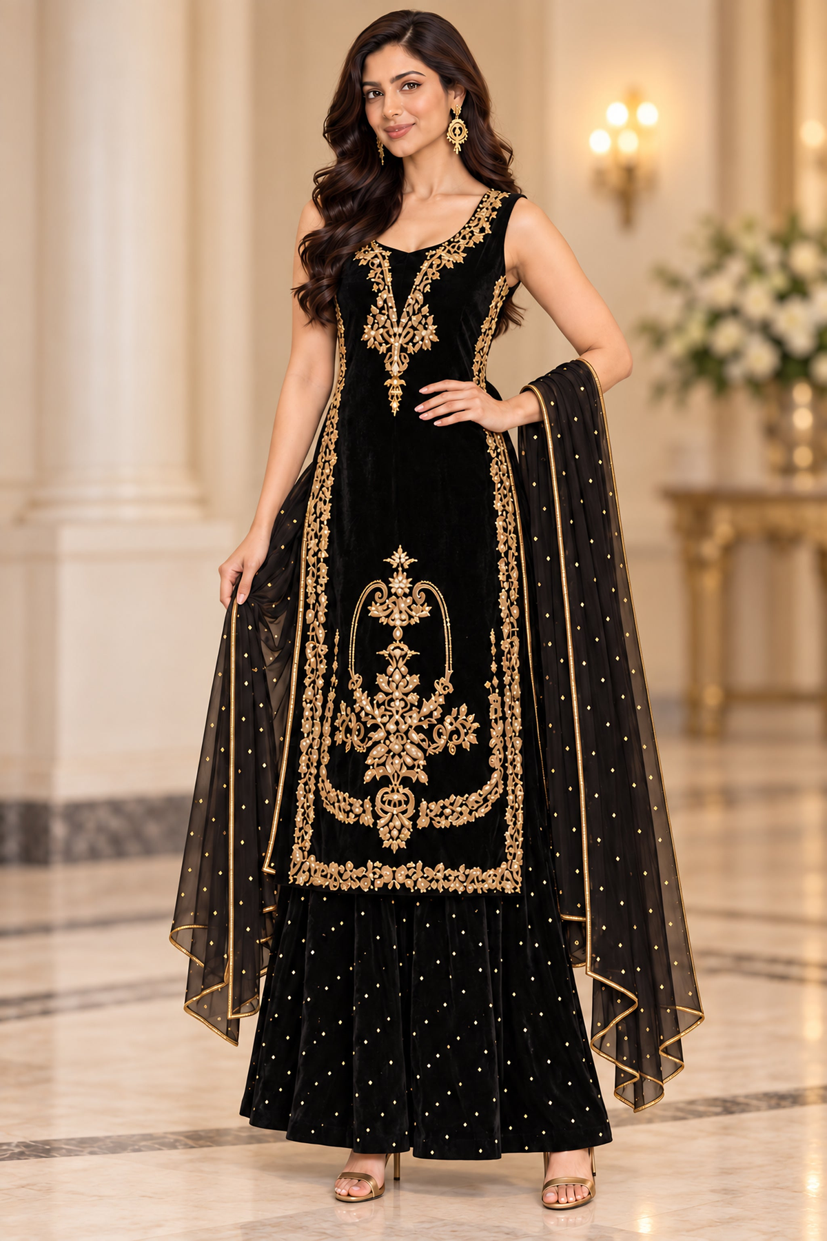 Noir & Gold Silk Three-Piece Suit · Black · view 1