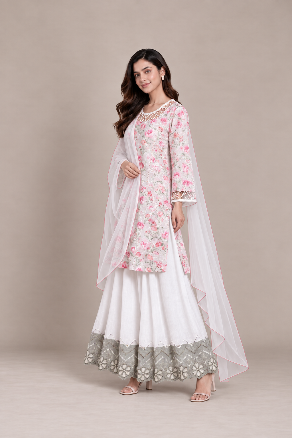 Pink blossom embroidered lawn three-piece suit with soft net dupatta, full-length view