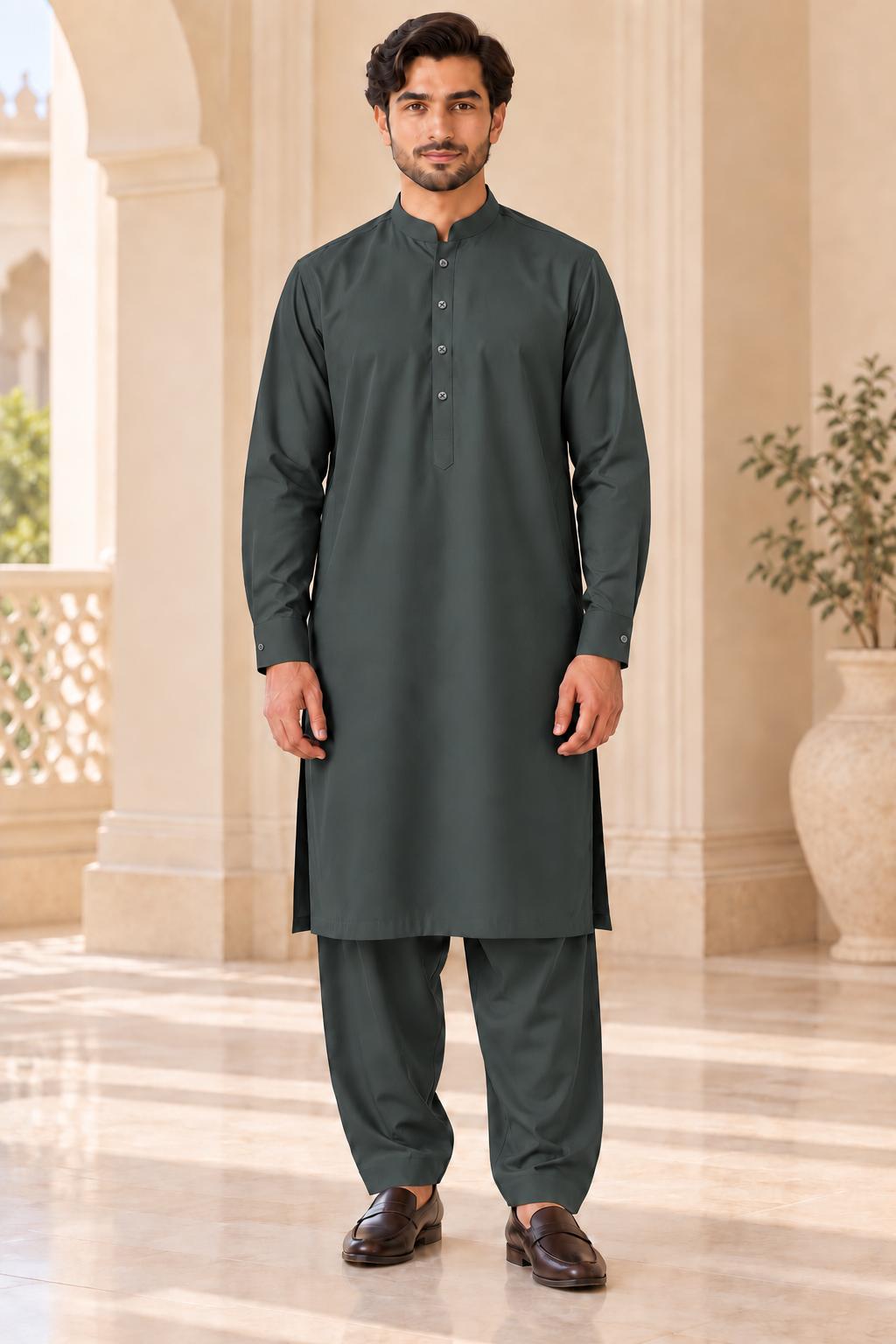 2 Piece Blended Suit · Dark Slate Green · Men's dark slate green two-piece blended suit with matching shalwar, full front view