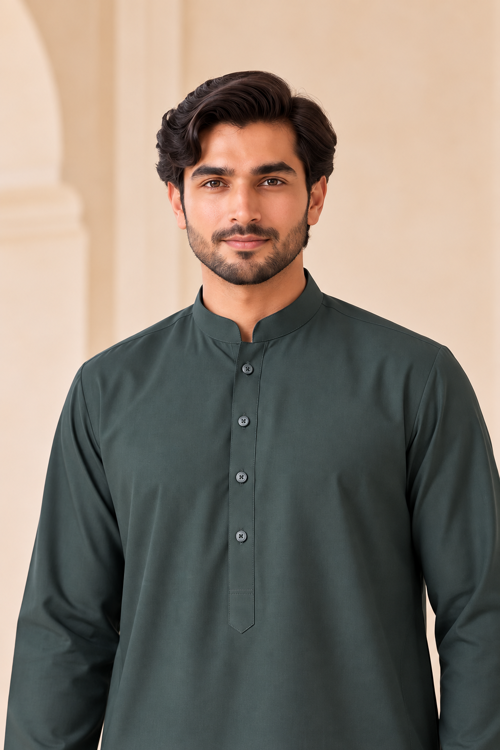 2 Piece Blended Suit · Dark Slate Green · Dark slate green blended kameez showing band collar and tonal button placket