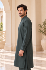2 Piece Blended Suit · Dark Slate Green · Side view of dark slate green blended kameez showing button cuff and side slit