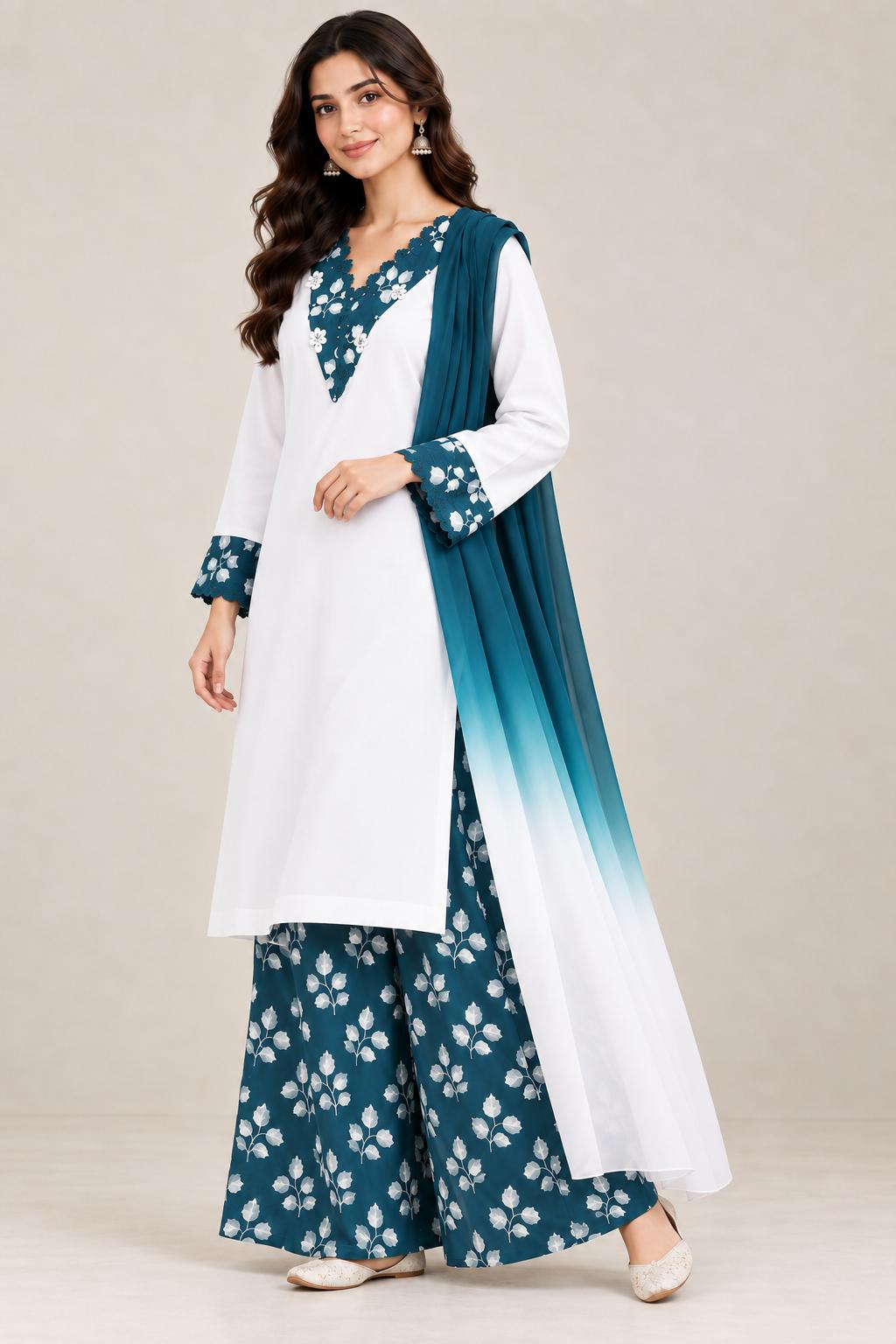 Almond white lawn shirt with teal floral trousers and ombre chiffon dupatta
